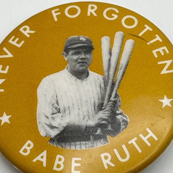 Vintage Babe Ruth Pinback "Never Forgotten" Button Baseball Icon Pin - Picture 4 of 5